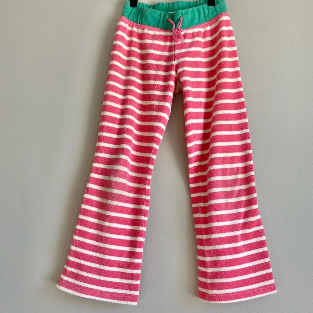 Mini Boden towelling pants girls 7 pink stripe green Terry beach cover up preppy